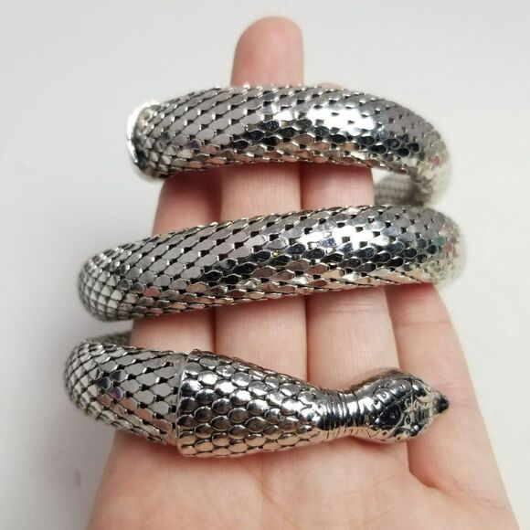 Vintage Triple Coil Snake Bangle Bracelet Silver Tone Scale Flexible Adjustable - Picture 1 of 5